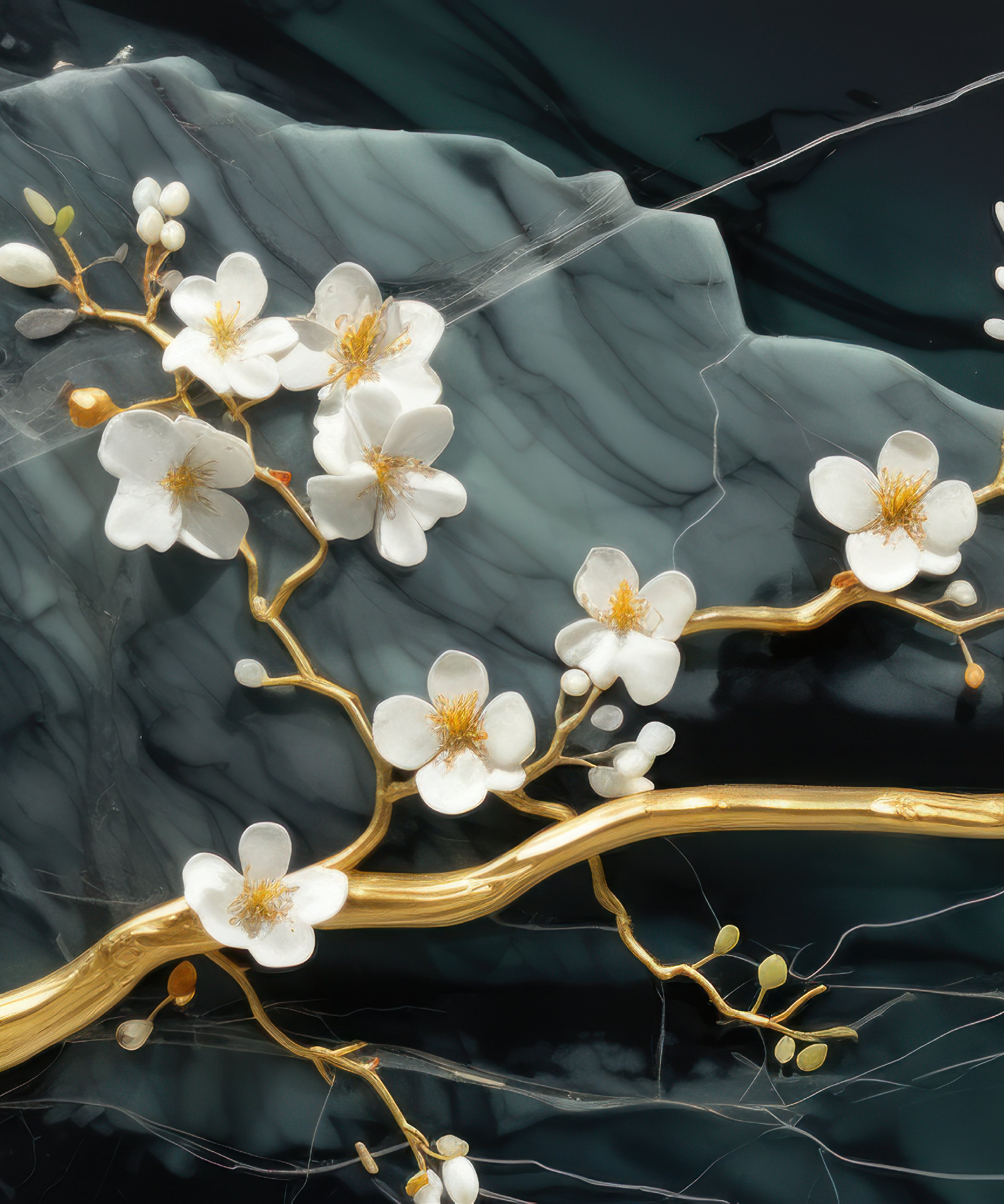 3D Golden Flowers Branches Emerald Marble