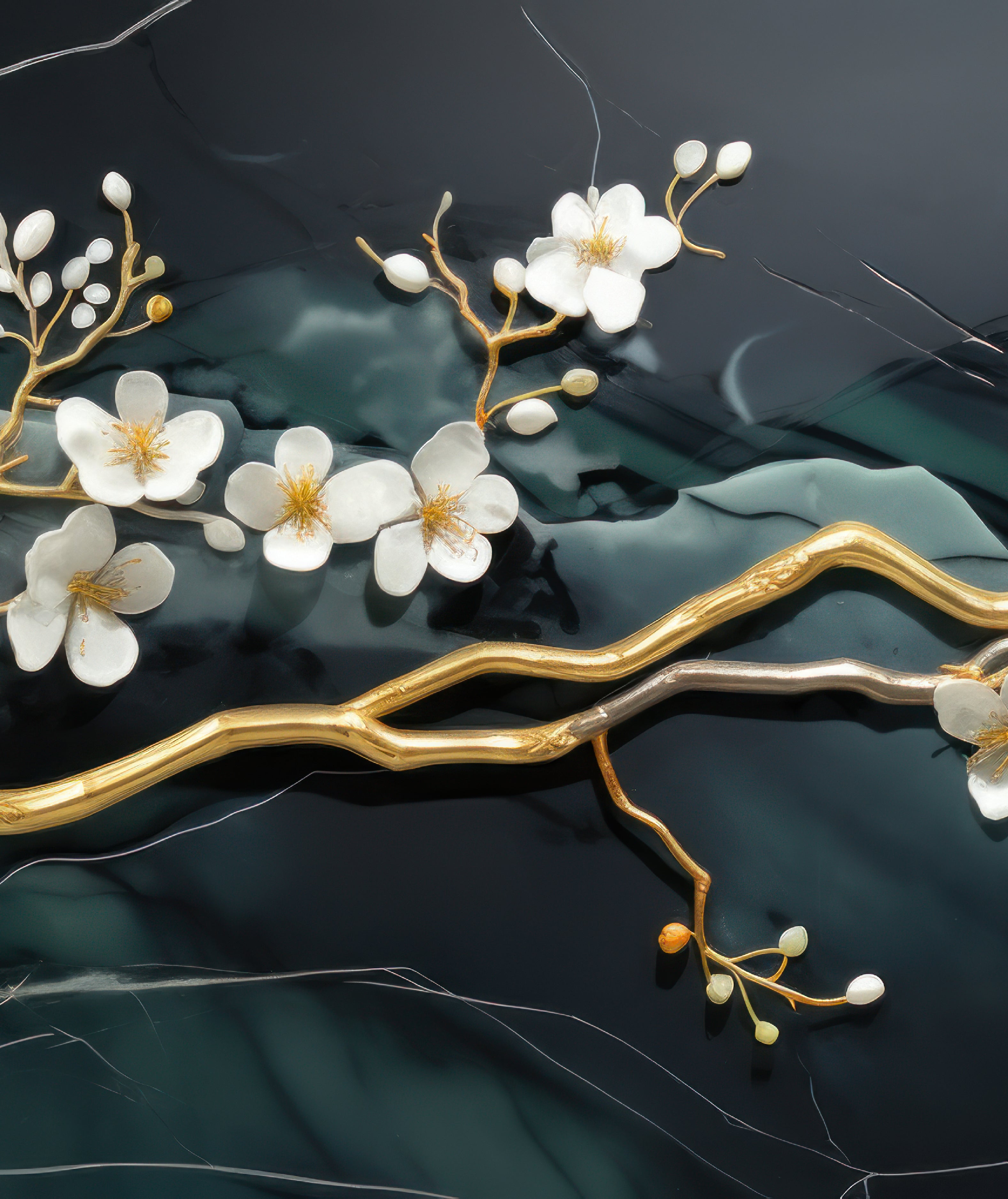 3D Golden Flowers Branches Emerald Marble