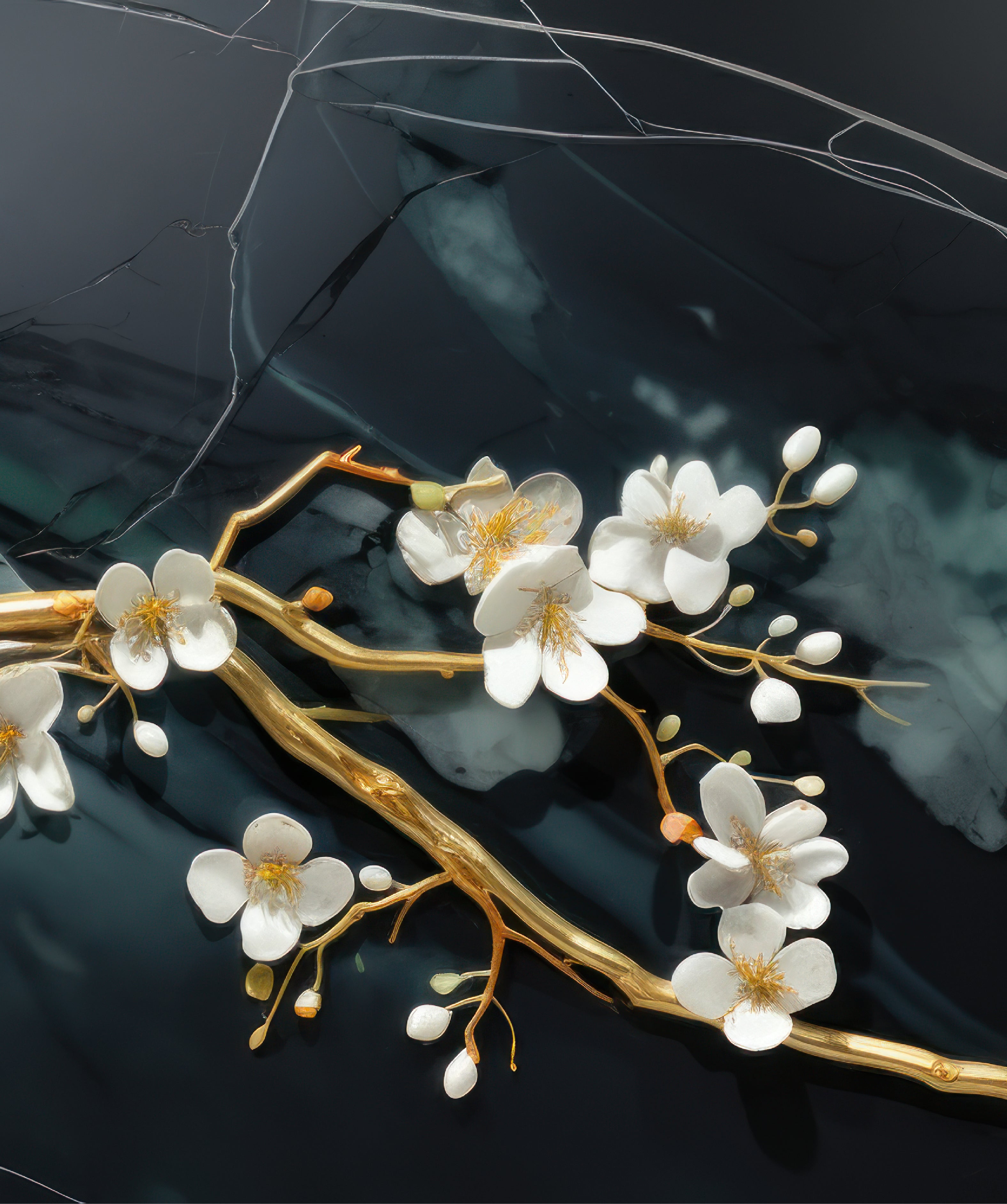 3D Golden Flowers Branches Emerald Marble