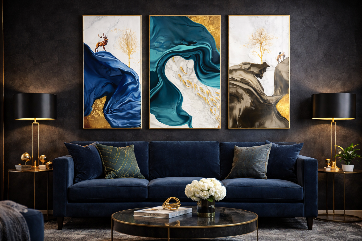 Midnight Gold Elegance – Luxury Acrylic Wall Art (3-Panel Set)