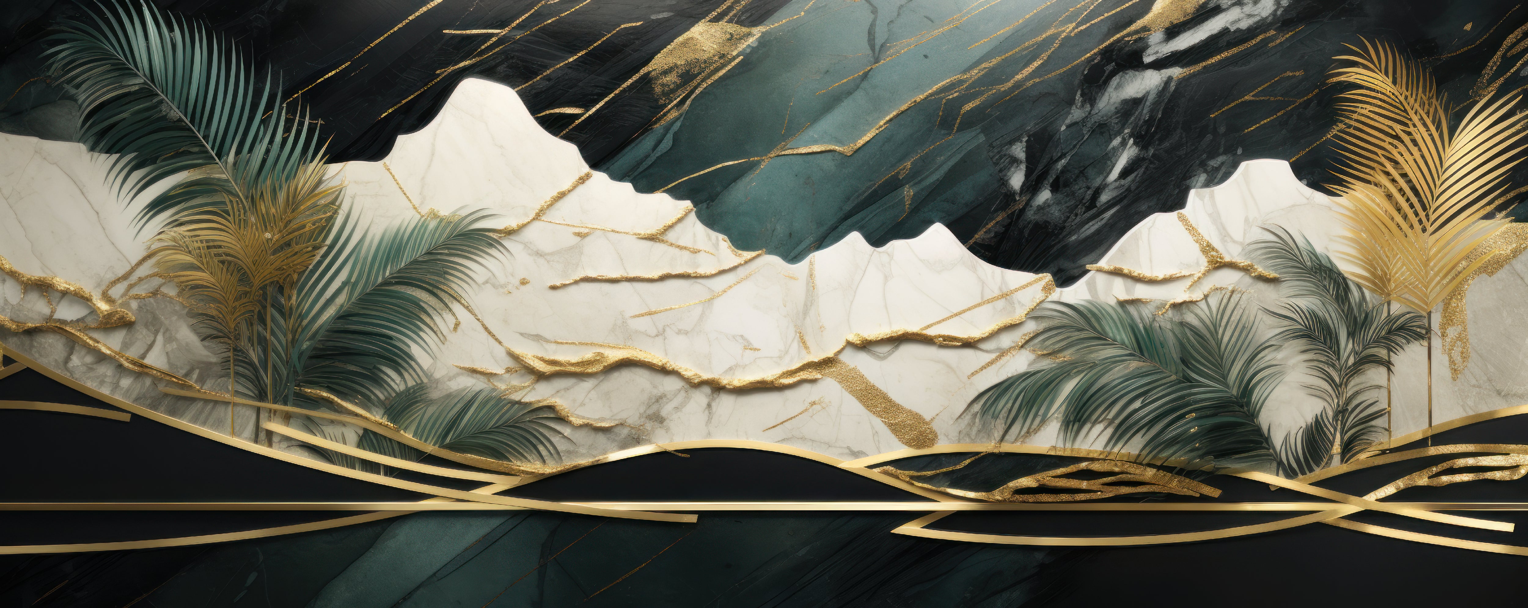 3D Tropical Leaves Emerald Marble Black White With Gold Elements Acrylic Frame