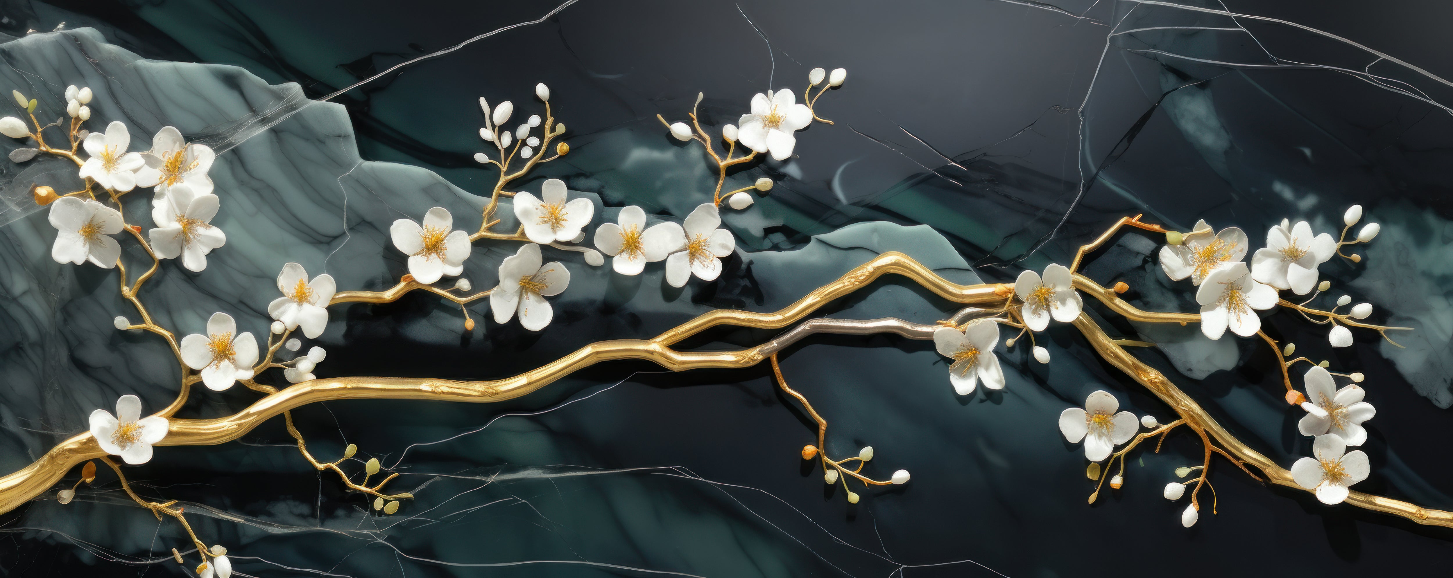 3D Golden Flowers Branches Emerald Marble Entire Frame