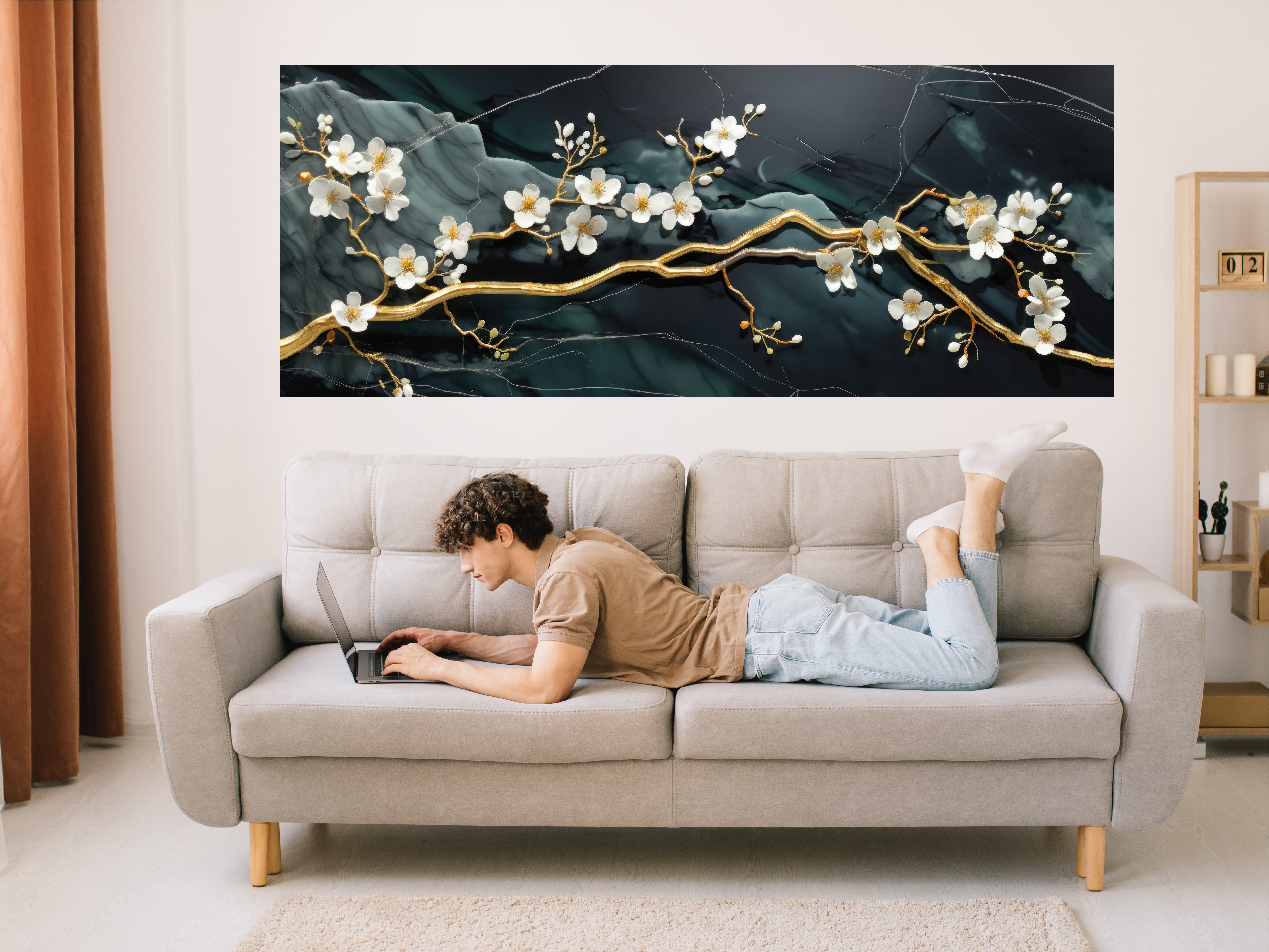3D Golden Flowers Branches Emerald Marble Entire Frame