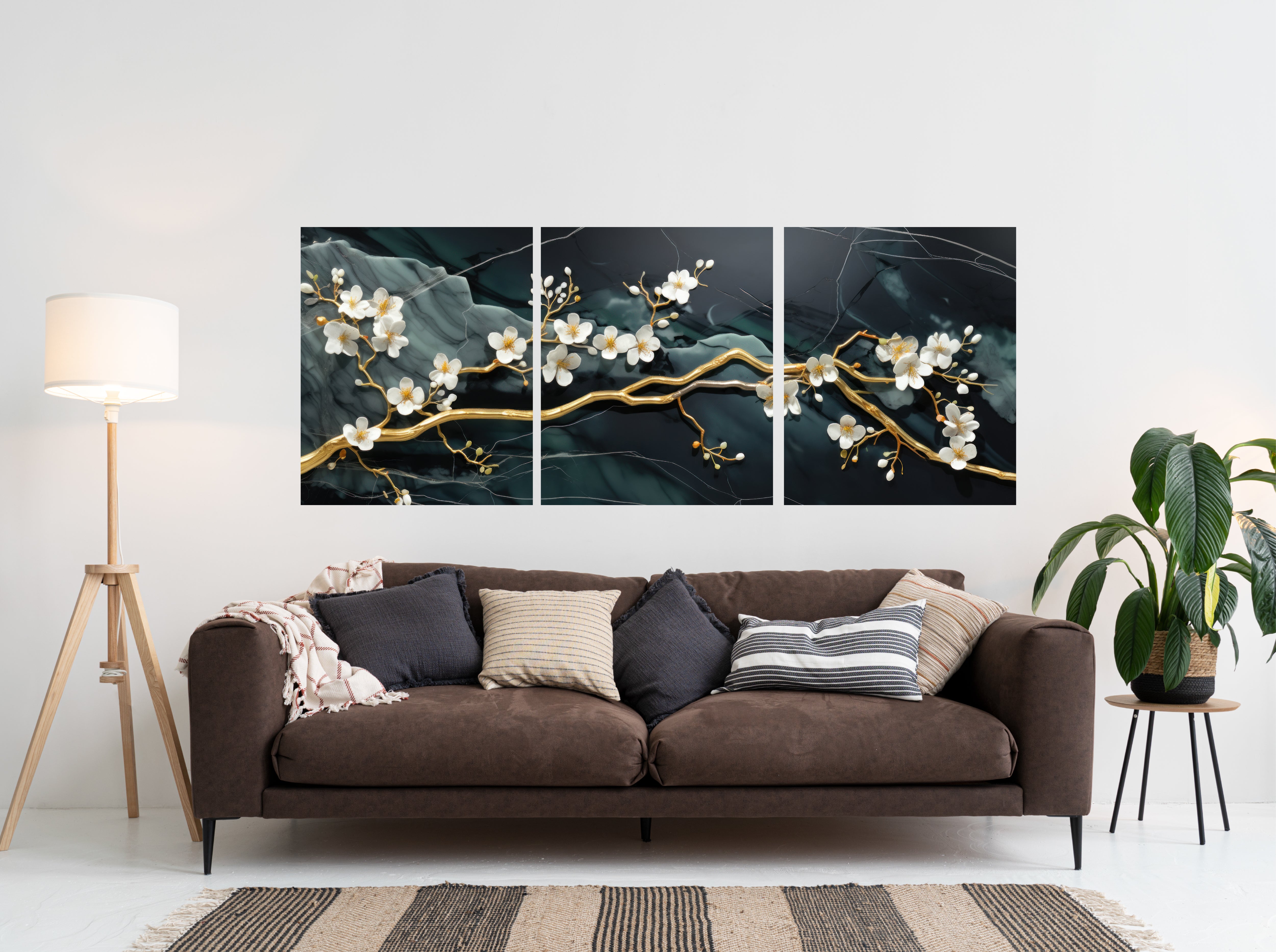 3D Golden Flowers Branches Emerald Marble