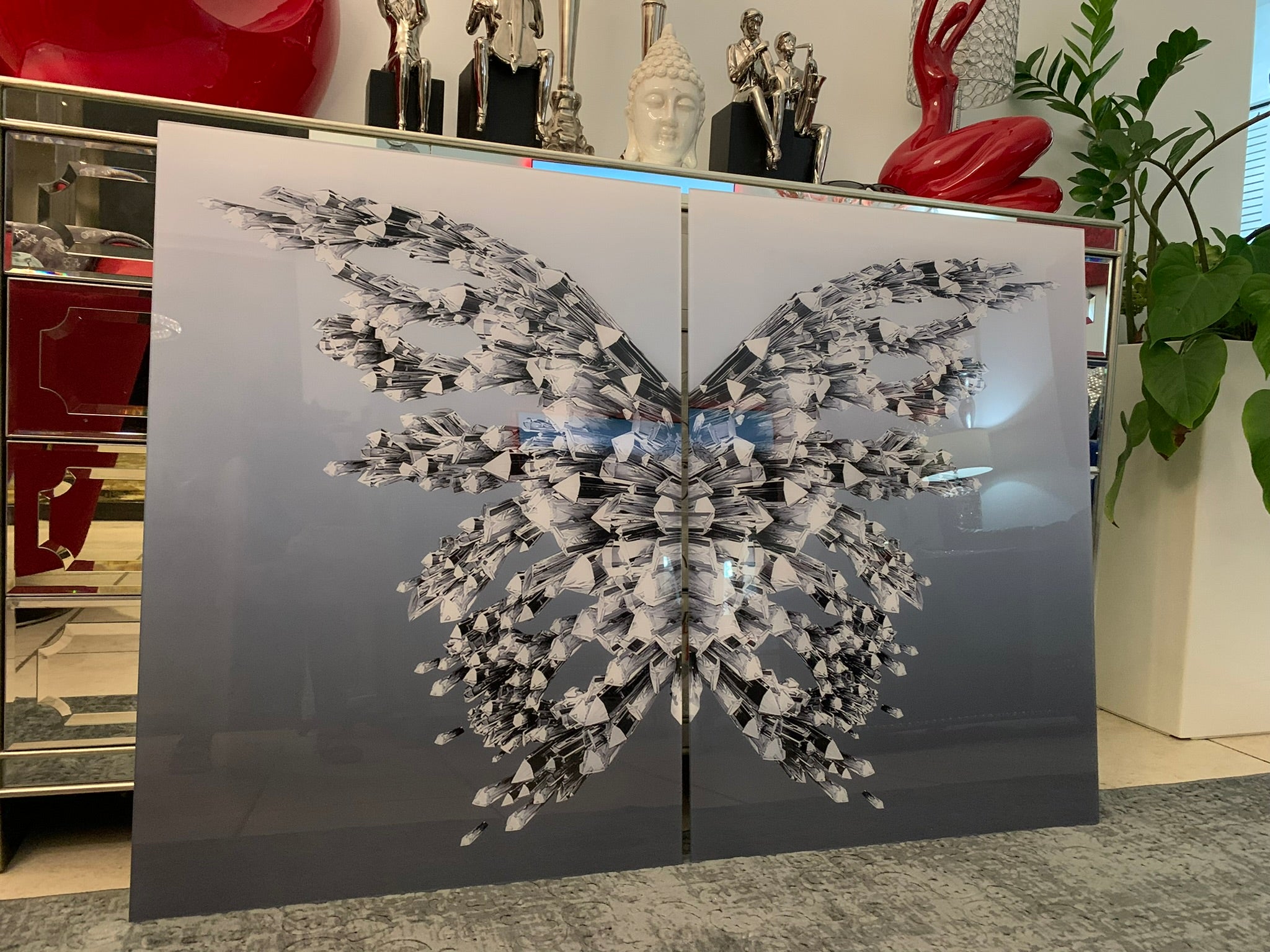 Crystal Silver Butterfly, Grey Gradient Background