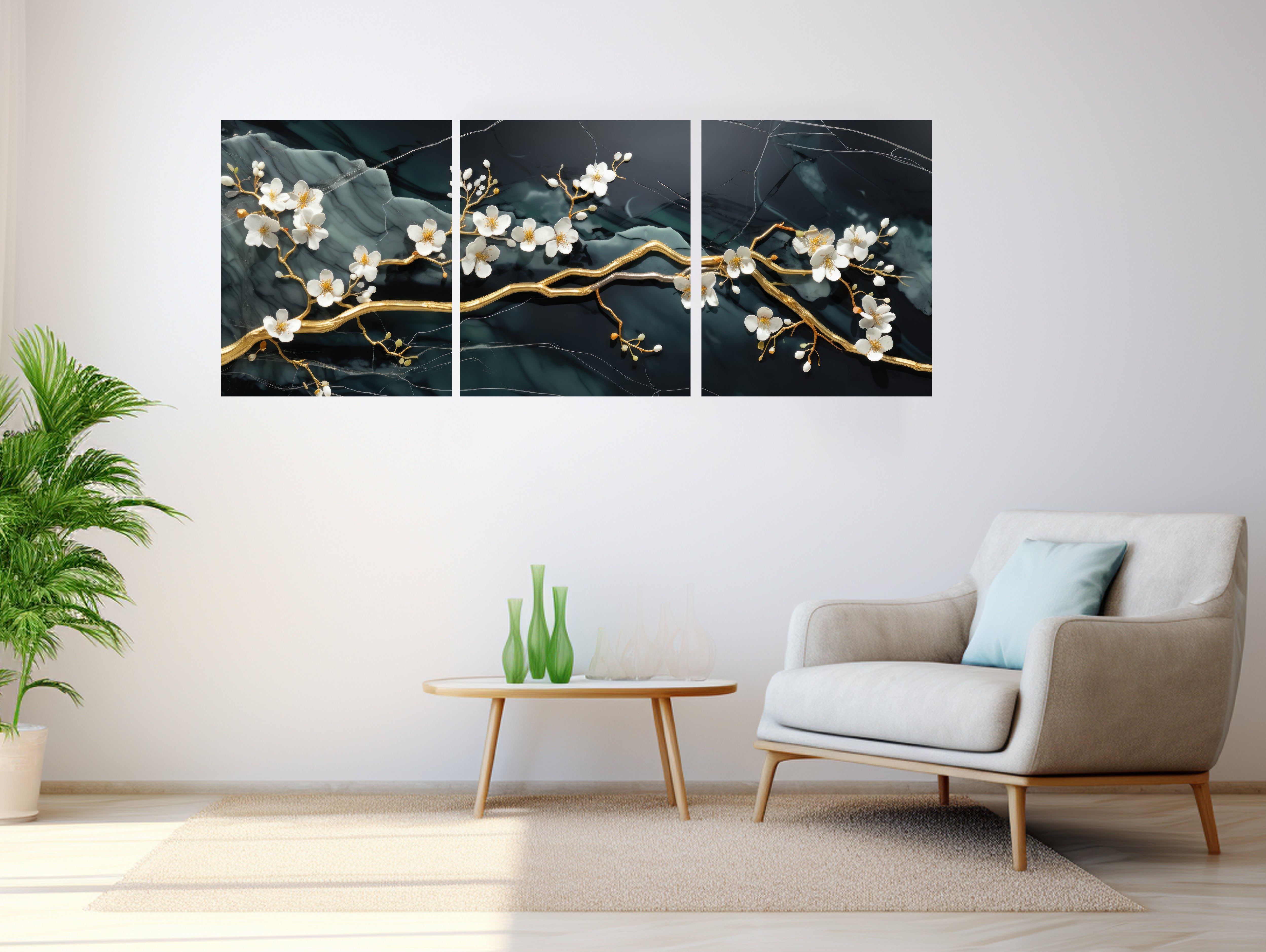 3D Golden Flowers Branches Emerald Marble