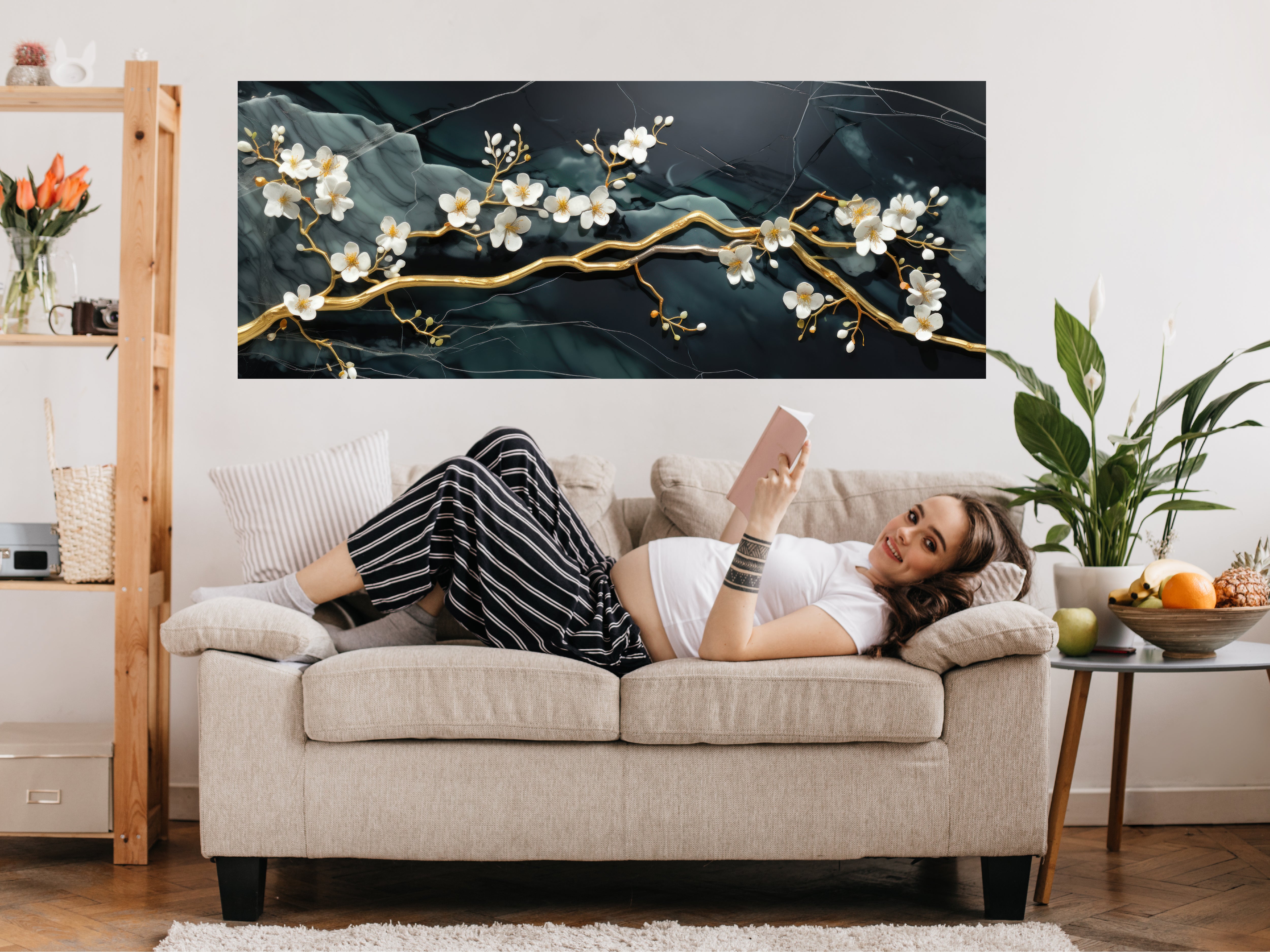 3D Golden Flowers Branches Emerald Marble Entire Frame