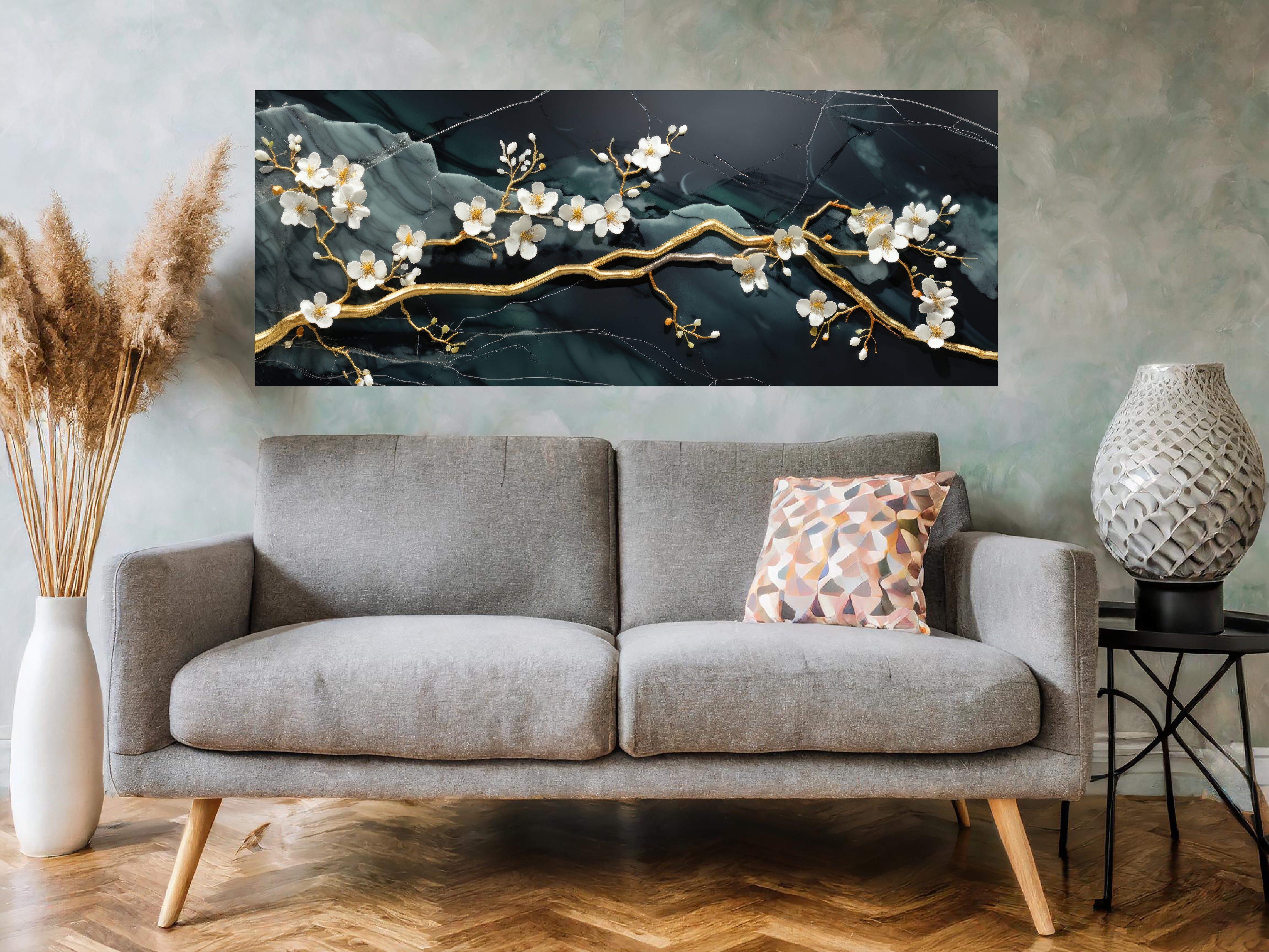 3D Golden Flowers Branches Emerald Marble Entire Frame