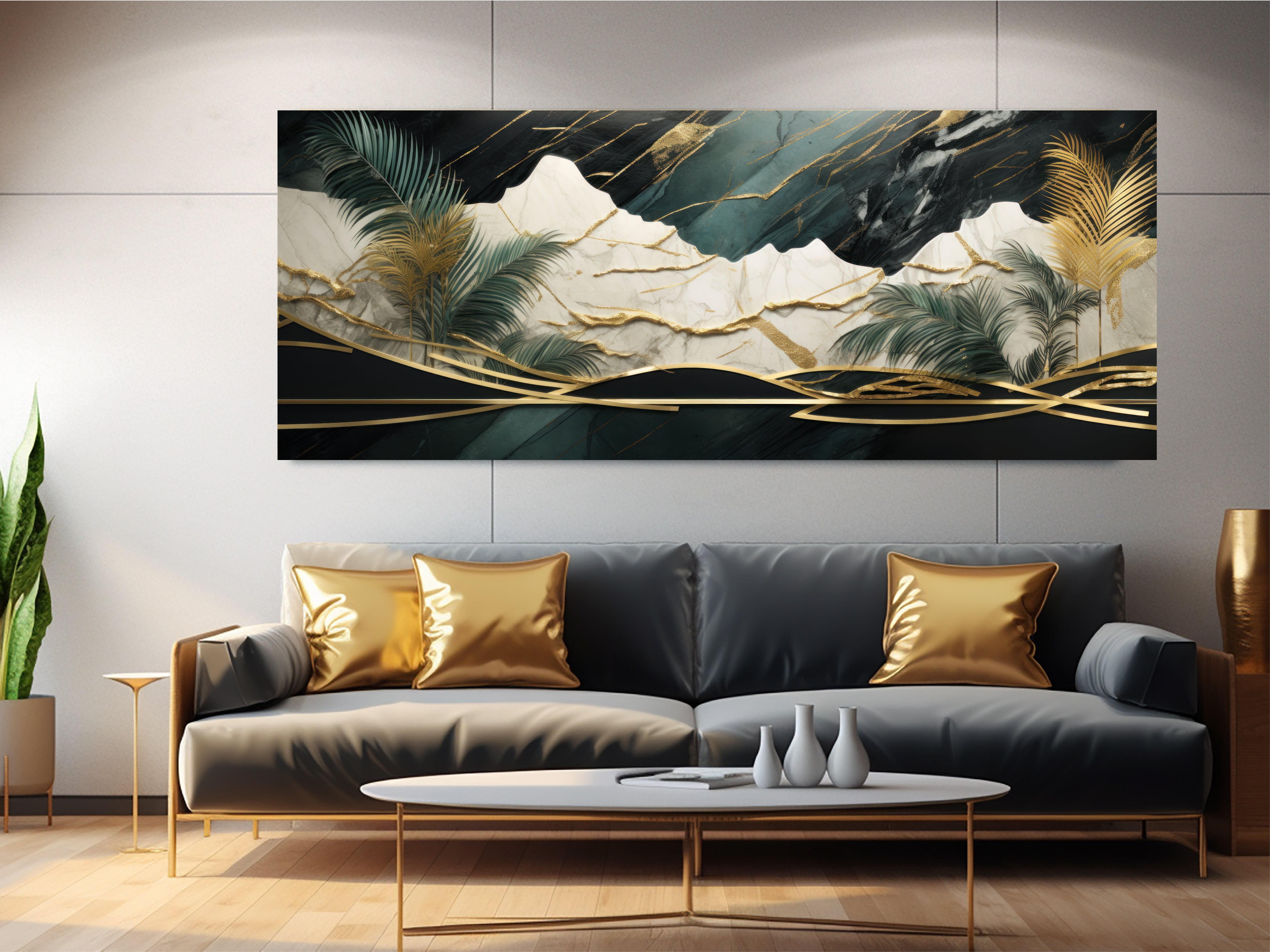 3D Tropical Leaves Emerald Marble Black White With Gold Elements Acrylic Frame